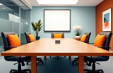 Fototapeta premium Modern conference room with a large wooden table and colorful cushions on chairs