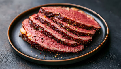 Sliced beef pastrami on plate on black table.