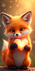 Fototapeta premium Cute cartoon fox holding glowing heart. Adorable animal character expressing love and care. Sweet illustration for Valentine's day.