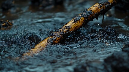 Fototapeta premium Close up photo of a wooden stick covered in black tar and resting in dark water