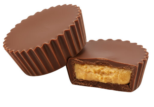 Two peanut butter cups, one broken in half, showing creamy filling isolated on transparent background