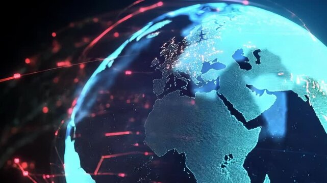 A digital rendering of Earth, depicted as a glowing teal sphere with red data streams orbiting, highlighting global interconnectedness and data flow - Powered by Adobe