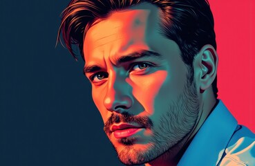 Close-up of a confident young man with styled hair and facial hair looking serious against a colorful background