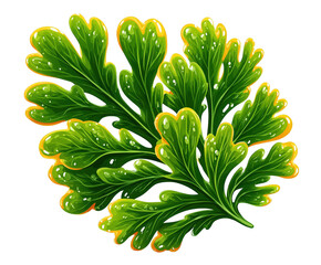 Vivid green parsley leaves with yellow edges and water droplets, digitally rendered on a pure white background with no distractions. Concept for fresh herbs and organic culinary ingredients