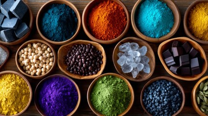 Colorful spices and powders fill rustic bowls. Their vibrant hues create an artistic display perfect for cooking or craft projects. A feast for the eyes and senses. AI