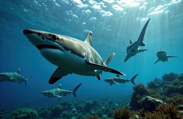 Obraz premium A large shark swims underwater among smaller fish in a vibrant ocean scene with coral reefs and sunlight filtering through the water