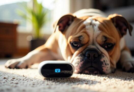 Bulldog lying on the carpet with a digital device displaying a blue icon in front of it