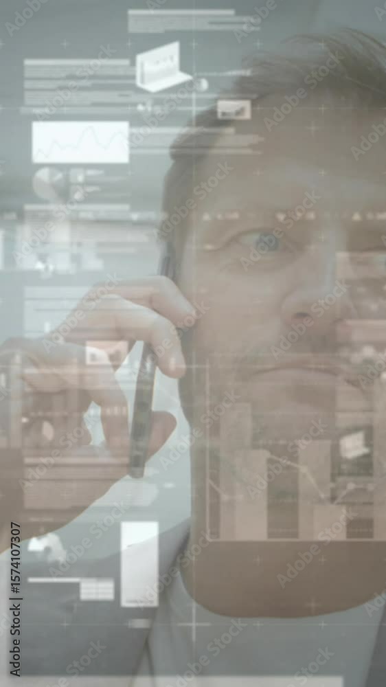 Poster animation of financial data processing over man using smartphone