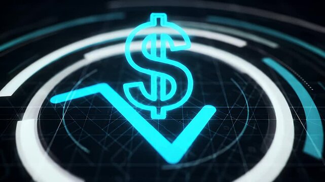 Glowing Blue Dollar Symbol with Declining Arrow Depicting Market Crash on a Black Technical Background