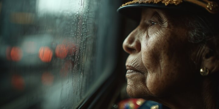 Elderly Veteran Looking out Rainy Window — Thoughtful Remembrance