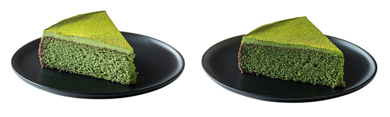 Two slices of green tea cake isolated on white or transparent png plates isolated on white or transparent png