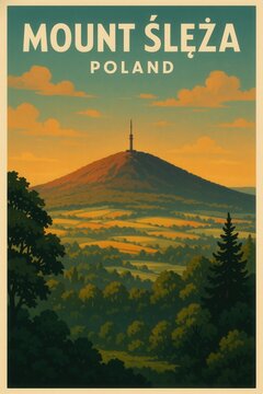 Poster of Mount Ślęża in Poland showing the peak with a communication tower, surrounded by forest and patchwork fields under a warm evening sky