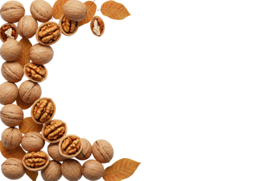 Isolated Walnut Border with Dried Leaves for Autumnal Design