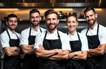 Obraz premium Group of five smiling chefs in uniform standing with arms crossed in professional kitchen environment