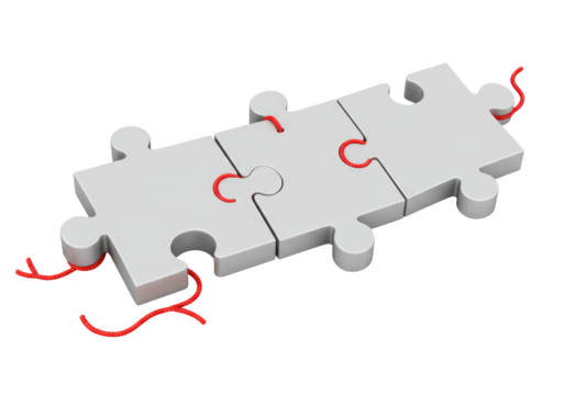 Isolated Three Interlocked Puzzle Pieces with Red String Connection