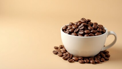 A white cup overflowing with coffee beans and some scattered around the base on a beige background