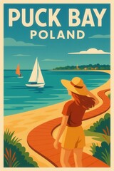 Stylized illustration of a woman in a sunhat walking along a curved beach path beside Puck Bay Poland with sailboats and blue sea in the background