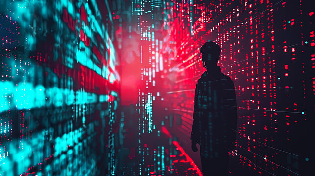 Silhouette of a person standing in a futuristic digital environment with abstract data and glowing red-blue lights.