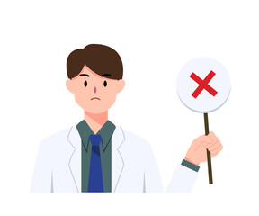 Male doctor cartoon showing a no or incorrect sign for recommendation, medical, hospital and illustration