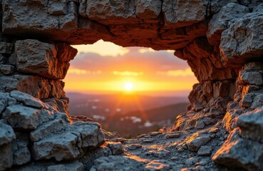 Sunset viewed through a natural stone window in a rocky landscape at dusk