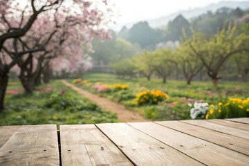 Naklejka premium Wooden Deck Overlooking a Blossoming Spring Garden Path in the Morning