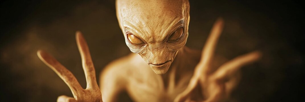 Extraterrestrial being gesturing peace with both hands, embodying a message of universal harmony and fostering intergalactic friendship among intelligent civilizations across the cosmos