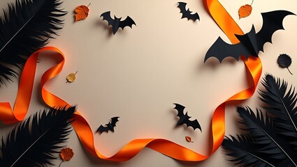 Halloween scene with orange ribbon black feathers and bats on a beige background flat lay top view