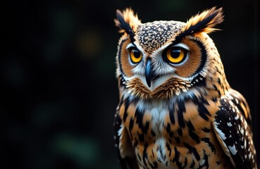 Obraz premium Great horned owl with piercing yellow eyes and detailed feather patterns against dark background