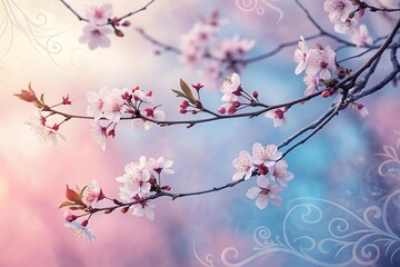 Obraz premium Beautiful Blossoming Cherry Tree Branches Against Soft Atmospheric Sunlight