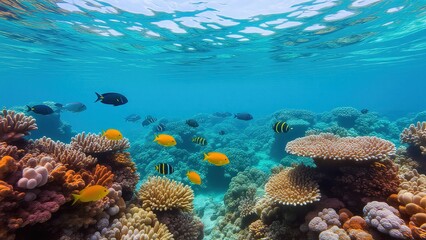 Fototapeta premium Underwater Scene with Colorful Coral Reefs and Tropical Fish