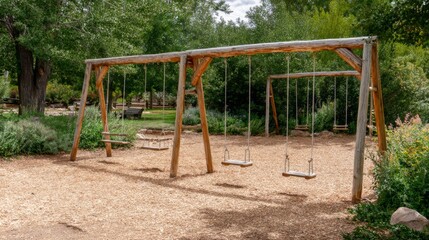Fototapeta premium Swing set with multiple swings, gently swaying in a playground with soft wood chips on the ground, peaceful and inviting.