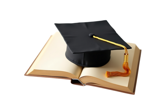 Graduation cap with tassel resting on an open book against a black background
