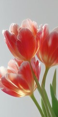 Beautiful bouquet of vibrant red tulips creates a stunning focal point. The soft light accentuates the petals and leaves. Perfect for decorations or artistic purposes. AI
