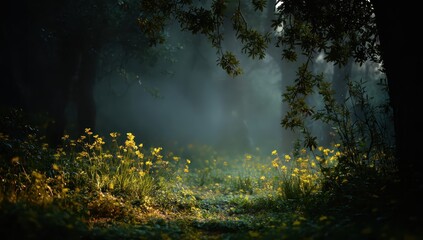 Flowers bloom in forest clearing at sunrise with morning mist. Scenic backdrop
