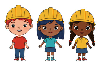 Isolated Cheerful Cartoon Construction Workers Kids Group