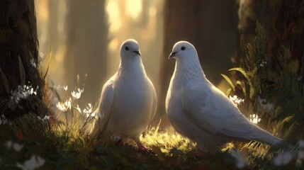 Two doves standing near each other in a forest clearing, gentle sunlight illuminating their feathers, creating a natural and serene setting.