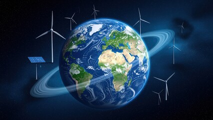 Fototapeta premium Earth Surrounded by Renewable Energy Solutions and Wind Turbines