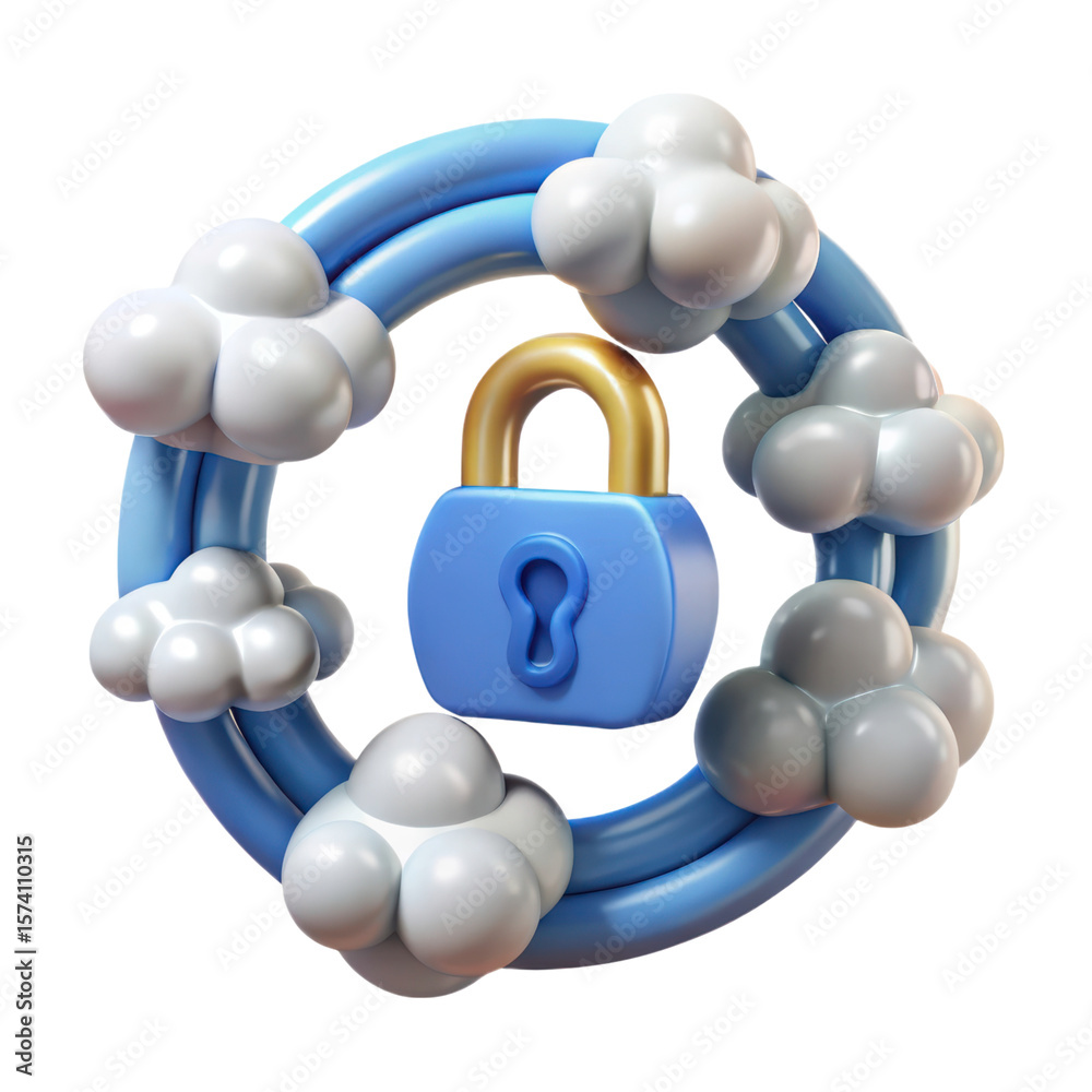 Poster cloud security shield with blue padlock protecting data golden lock surrounded by clouds security sy