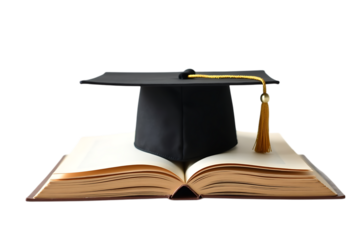 Black graduation cap with gold tassel placed on open book