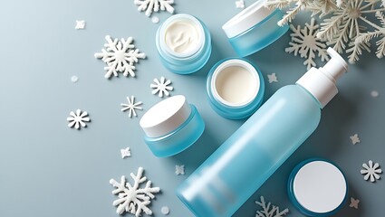 Winter themed beauty products arranged with snowflakes on a light blue surface in a flat lay style