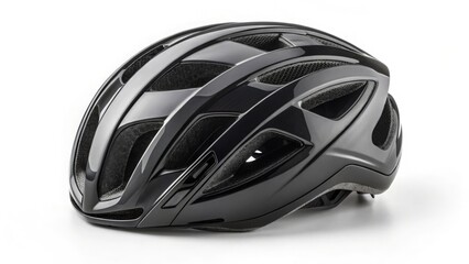 Fototapeta premium A shiny black bicycle helmet with ventilation holes on a white background in a studio setting