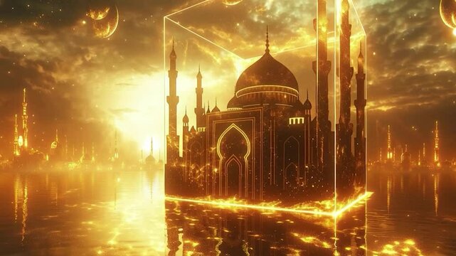 Golden city enclosed in a shimmering cube over a tranquil body of water