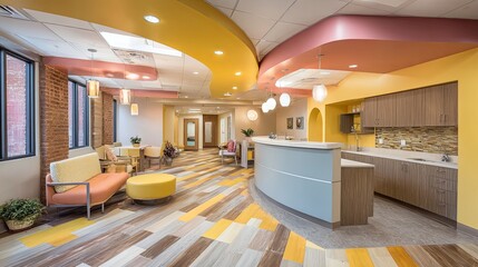 Bright and colorful pediatric dental clinic interior designed to create a friendly and welcoming atmosphere for children with playful decor and child-focused dental care environment