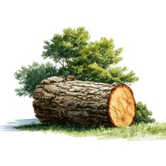 A large log is sitting in a grassy field next to a tree