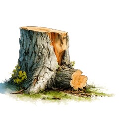 A large tree stump sits in a grassy field