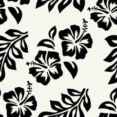 Seamless pattern featuring textured hibiscus flowers and leaves in a bold monochrome style. A simple yet expressive Hawaiian-inspired print with a natural graphic feel. Ideal for textiles, packaging.