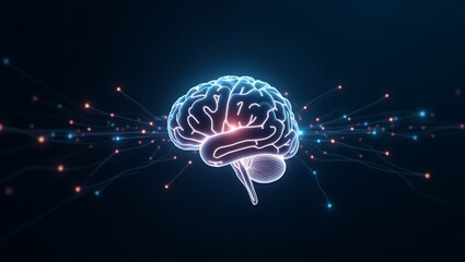 Illuminated brain with glowing particles and lines against a dark blue abstract background design