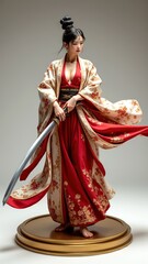 Elegant Asian Warrior Woman in Traditional Red Kimono with Sword
