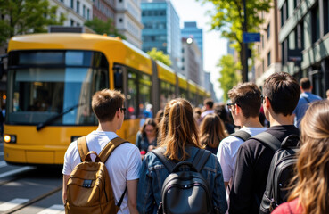 Crowd of young people waiting at a city crosswalk with a yellow tram passing by