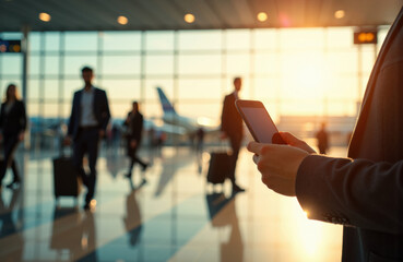Business traveler using smartphone in airport terminal with blurred passengers and airplanes in background